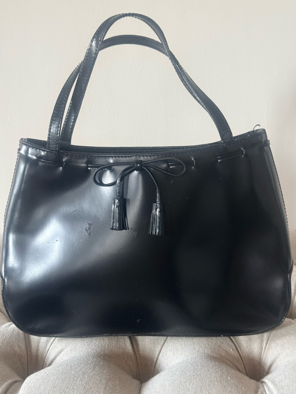 Vintage Anya Hindmarch Black Patent Leather Tassel Bag  Y2K